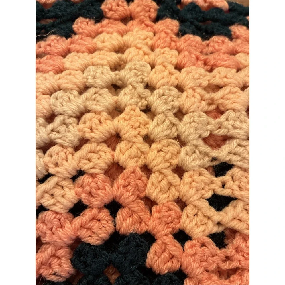 VTG Handmade Crochet Afghan Blanket Chevron Peaches & Navy 69
